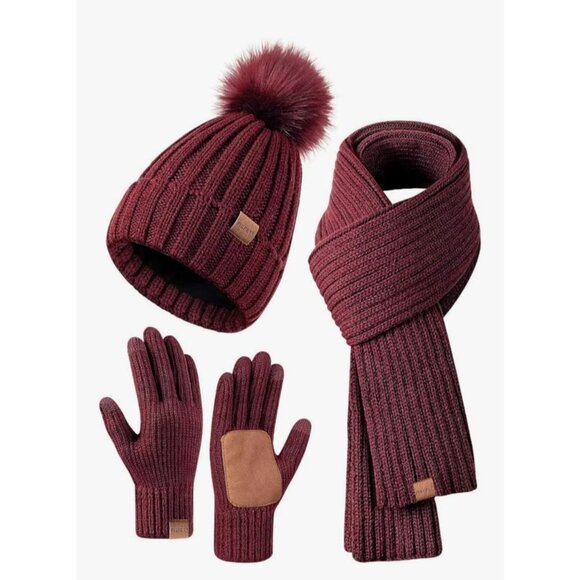 Womens Burgundy Winter Hat Scarf & Gloves Set With Pom Pom Winter Warm Stylish - Picture 1 of 7